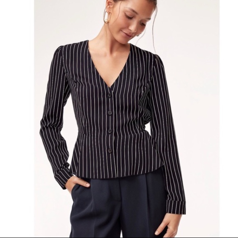 Aritzia Wilfred Navy/White Pinstriped Blouse